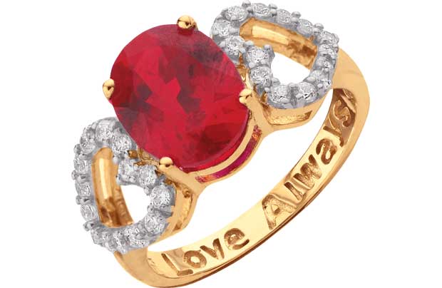 Unbranded. Leave a lasting impression with this 18ct gold plated Love Always Ring. This ring has two silver hearts either side of the red centrepiece. Engraved with love always let your loved one know how you feel with this dazzling ring. Available r