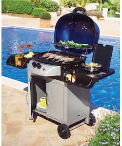 Deluxe 2 burner gas BBQ with side burner. Heat indicator. Warming rack. Side table with bottle