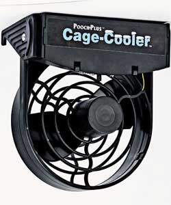 Black plastic 2 speed cage fan for cooling dog car crates, rabbit hutches or cages containing large 
