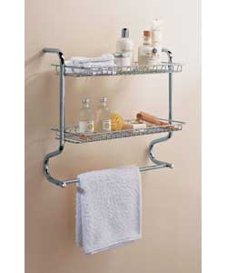 Chromed steel with 2 perforated metal shelves and 2 towel rails.Wall fittings supplied.Size