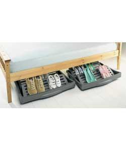 Pack of 2 versatile bedroom tidy-up and organisation units, ideal for underbed storage. Wipe-clean