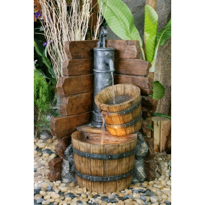 Unbranded 2 Wooden Barrels with Pump Water Feature