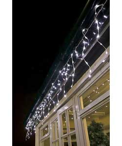 White LEDs on white cable.8 functions.Low-voltage.Icicle display width 5.6m.10.3m lead from plug to