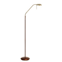 Touch dimmable floor lamp with adjustable head in a red wood finish with metalwork in antique brass.