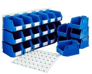 24 blue plastic containers with 3 louvred panels. High density storage bins to store small items