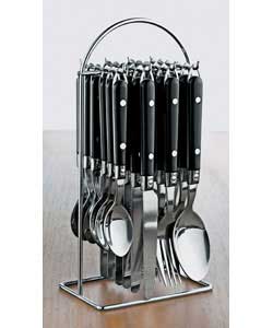 6 place settings in stainless steel with a plastic handle. Set contains 6 table knives, 6 table fork