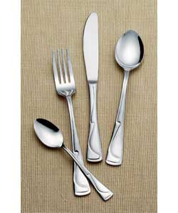 Polished stainless steel.Comprises 6 each of dinner knives, dinner forks, dinner spoons and tea