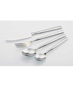 Polished stainless steel. Set includes 6 each of knives, forks, dessert spoons, tea spoons and 6