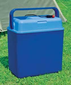 24 litre capacity.Battery operation: 12V DC (60W 5 amps).Blue and white plastic.Size (H)42.5, (W)23,