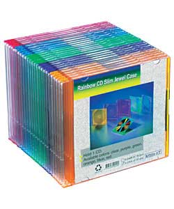 Pack of 25 cases suitable for CDs, CDRs and DVDs. Coloured cases for easy organising.