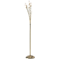 Bamboo style antique brass floor lamp with tubular acid glass shades. Complete with in-line dimmer. 