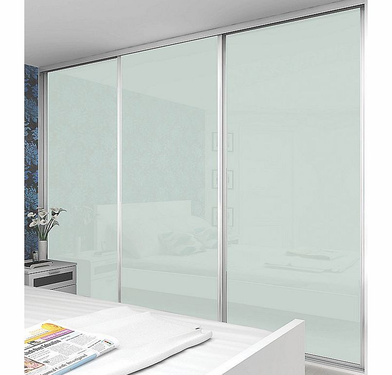 Silver Framed Triple 7ft 4ins White Lacquered Glass 4 Panel Sliding Wardrobe Door Kit wide. Up to 2235mm