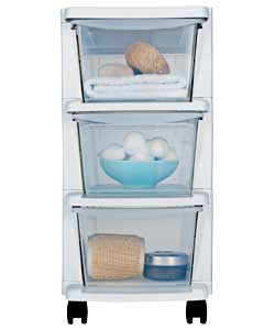 White plastic frame storage tower on castors with 3 clear plastic drawers.Size (H)64.5, (W)25, (D)39