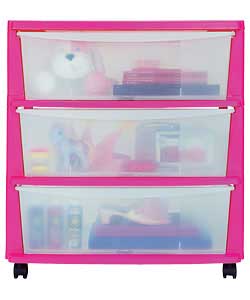 Pink plastic frame storage tower on castors with 3 clear plastic drawers.Size (H)62, (W)59, (D)39.5c