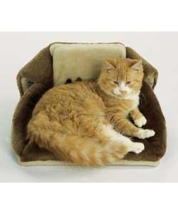 Cream and brown all in one bed for the modern cat.A pyramid to curl up inside, a settee to lounge ab