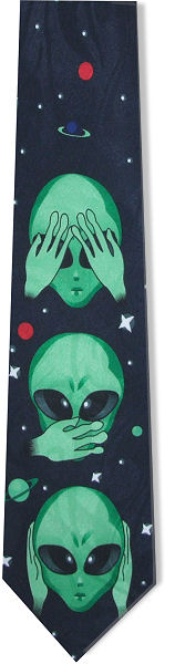 This space age tie is a play on the see no evil, speak no evil, hear no evil proverb and features th