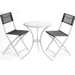 2 folding chairs made from maintenance free, all weather textaline fabric Toughened glass table Tabl
