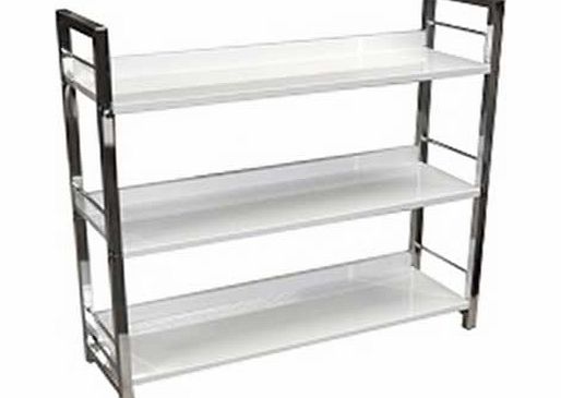 Ultra-modern shelving unit with a sturdy 1cm square chrome plated frame and white gloss PVC foiled shelves. Three full width shelves with back support ideal for CD/ DVD/ book storage or general display. 19cm distance between shelves. Perfectly sized 