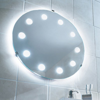 Circular shaped bathroom mirror. IP44 rated. Fitted with on/off pull switch. Projection - 3cm Diamet