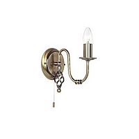 Traditional antique brass wall fitting with a candle bulb which can be covered by a selection of gla