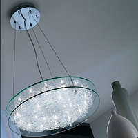 Halogen ceiling fitting with two clear glass dishes with aluminium decoration in between. Height - A