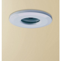 White halogen straight fire rated downlight fitting shower proof and IP65 rated. The transformer nee