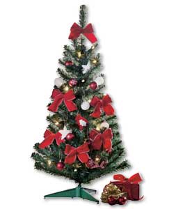 90cm ready-to-dress green tree with 27 red and white assorted decorations.Complete with 20 clear