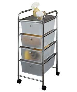 Steel finish with white drawers.Drawers, wheels and handle ball included.Size (W)33, (D)39, (H)81cm.