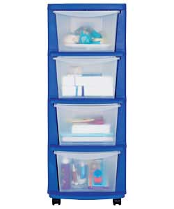 Blue plastic frame storage tower.Ideal for home storage.4 drawers.Mounted on castors.Size (W)33, (H)