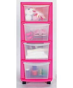 Blue plastic frame storage tower.Ideal for home storage.4 drawers.Mounted on castors.Size (W)33, (H)