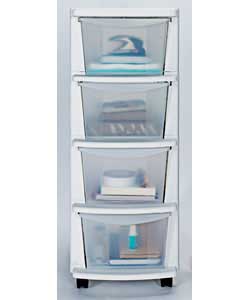 White plastic frame storage tower.Ideal for home storage.4 drawers.Mounted on castors.Size (W)33, (H