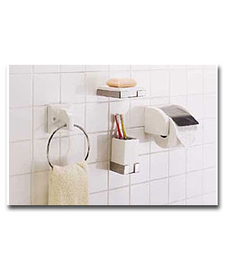 4 Piece Bathroom Set - White Ceramic/Stainless Steel.