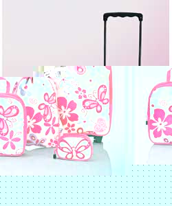 Includes wheeled bag, backpack, gym bag and purse.Pink. Polyester. Soft. Side closing catches. Packi