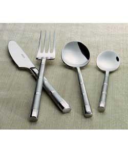 Stainless steel.Comprises 8 each of table knives, table forks, table spoons, soup spoons and