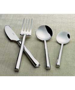 Polished stainless steel.Comprises 8 each of table knives, table forks, table spoons, soup soups