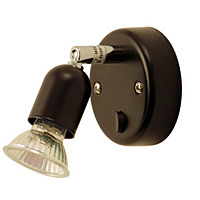 Black switchable wall spot light fitting with adjustable head. Width - 9cm Projection - 14cmBulb typ