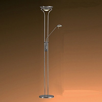 Mother and child halogen floor lamp with glass diffuser and double dimmer finished in satin chrome. 