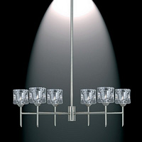 Satin silver ceiling fitting with a vertical arm attached to horizontal arms with clear ice cube gla
