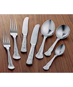 6 place settings in stainless steel. Set contains 6 table knives, 6 table forks, 6 dessert knives,  
