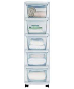 White plastic frame storage tower.Ideal for home storage.5 drawers.Mounted on castors.Size (W)25, (H