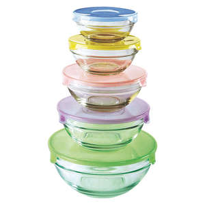 Unbranded 5 Glass Bowls with Coloured Lids