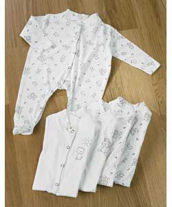 Includes: 3 all over print sleepsuits.2 embroidered bodysuits. 100% cotton, washable at 40C delicate