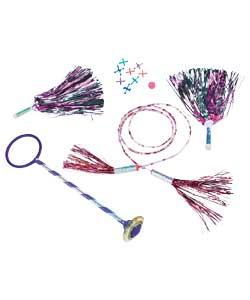 Containing 1 skipmate light hopper, 1 pair of pom poms, 1 razzle dazzle sip rope, 1 glitter bouncy