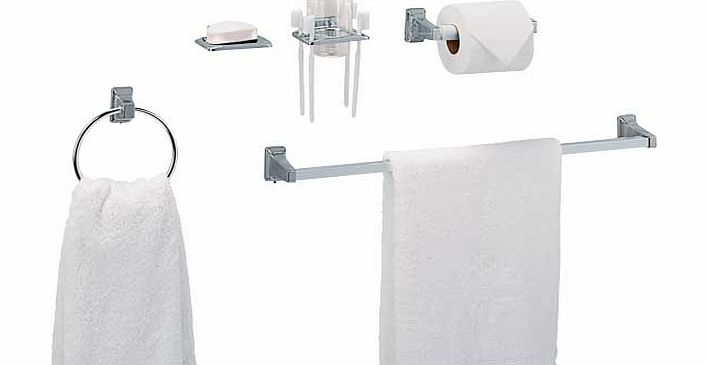 Refresh your bathroom with this great-value. 5-piece set in a stylish chrome finish. Set includes soap dish. toilet roll holder. toothbrush and tumbler holder with acrylic cup. towel rail and towel ring. Includes fixtures and fittings.