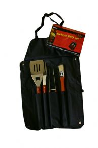 5 Piece Deluxe BBQ Set  the set contains a Roll up apron which acts as a carrying case  Spatula