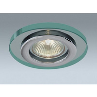 Polished chrome with aqua glass surround halogen straight downlight fitting shower proof rated. The 