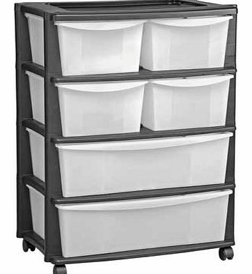 The six drawer wide storage chest offers plenty of room to keep your belongings. Its mounted on castors. making it easy to move from room to room. Capacity 104 litres. 6 drawers. Mounted on wheels for easy manoeuvrability. Size H83. W59. D39.5cm. Wei