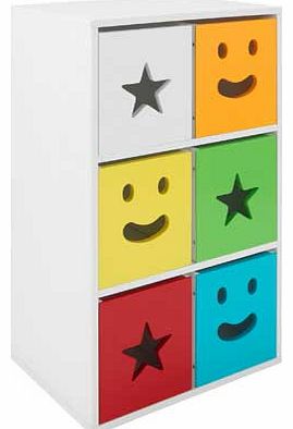 This 6 Drawer Smiley Face Storage Unit offers a handy storage solution with easy access thats perfect for brightening up your childs bedroom. Each drawer has a shape cut into the front - three stars. three smiley faces. in six bright colours. Fabric 