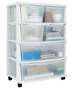 White plastic frame storage tower.Ideal for home storage.2 wide drawers and 4 standard drawers.Mount