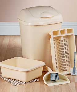 Includes:50 litre lift up bin. Large rectangle bowl. Sink mat. Plate rack. Dish brush. Dust pan and 